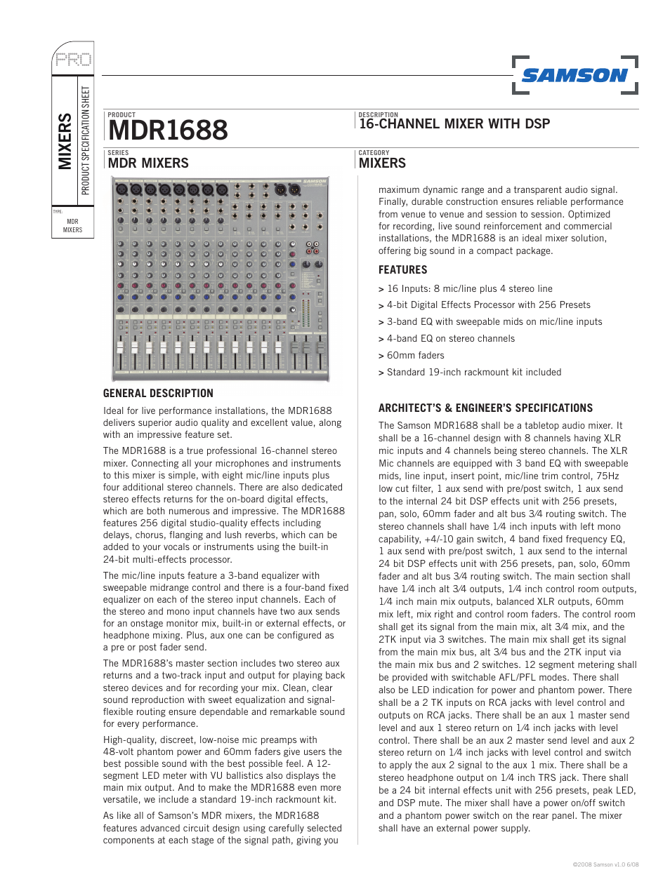 Samson 16-Channel Mixer with DSP MDR1688 User Manual | 2 pages