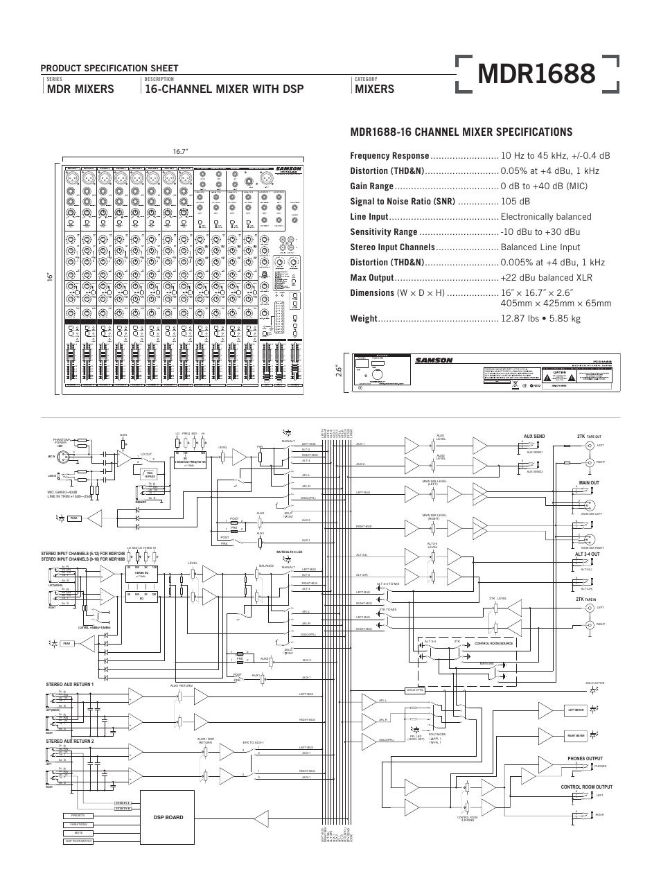 Mdr1688, Mdr mixers, Channel mixer with dsp | Product specification sheet, V v v, Series, Description, Category | Samson 16-Channel Mixer with DSP MDR1688 User Manual | Page 2 / 2
