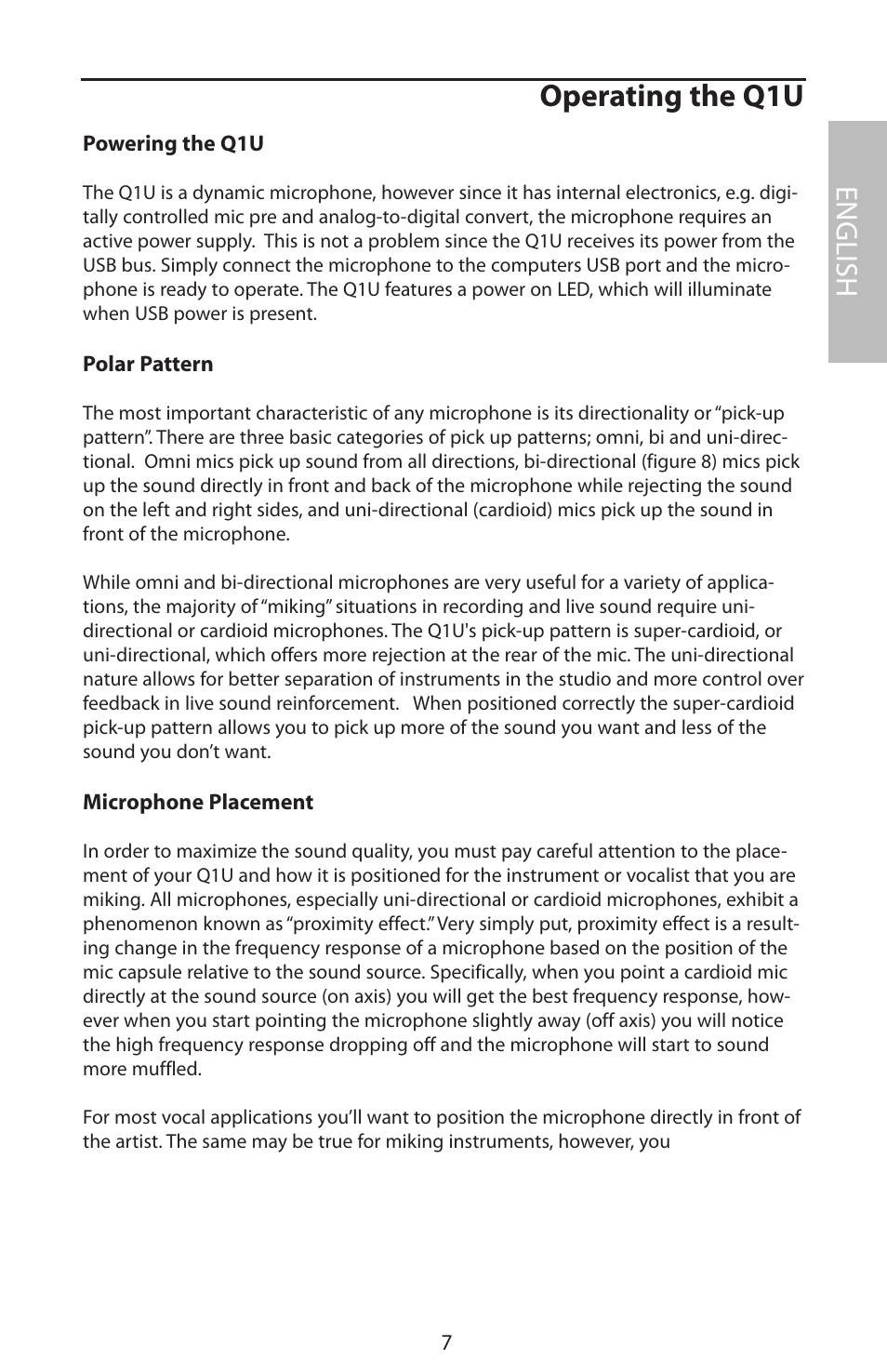 Operating the q1u, English | Samson Q1U User Manual | Page 11 / 52