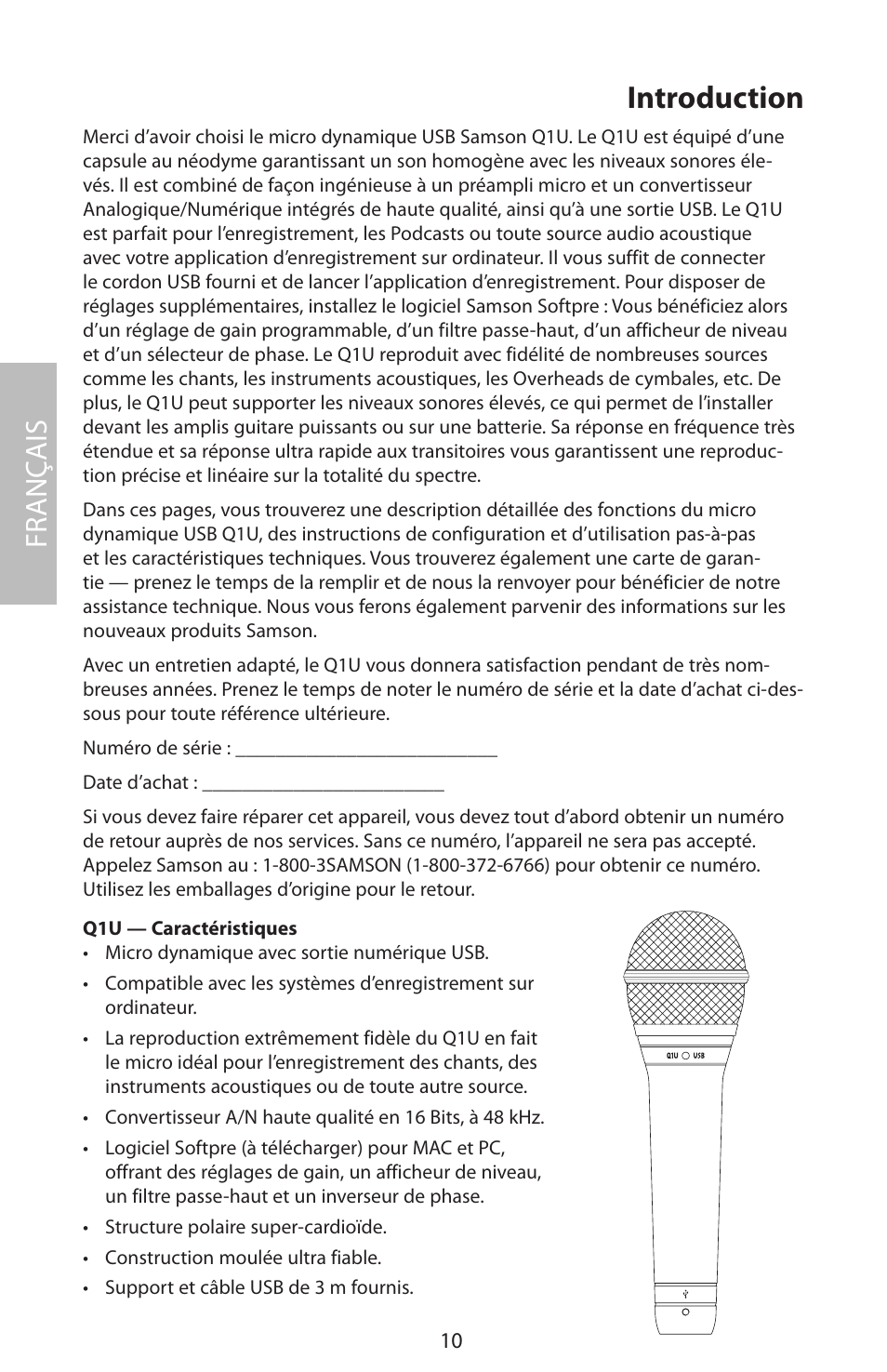 Introduction, Fr anç ais | Samson Q1U User Manual | Page 14 / 52