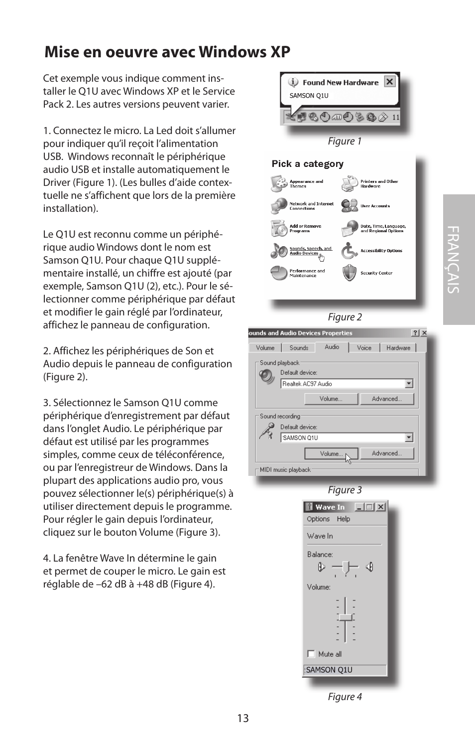 Mise en oeuvre avec windows xp, Fr anç ais | Samson Q1U User Manual | Page 17 / 52