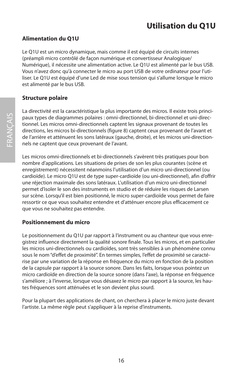 Utilisation du q1u, Fr anç ais | Samson Q1U User Manual | Page 20 / 52