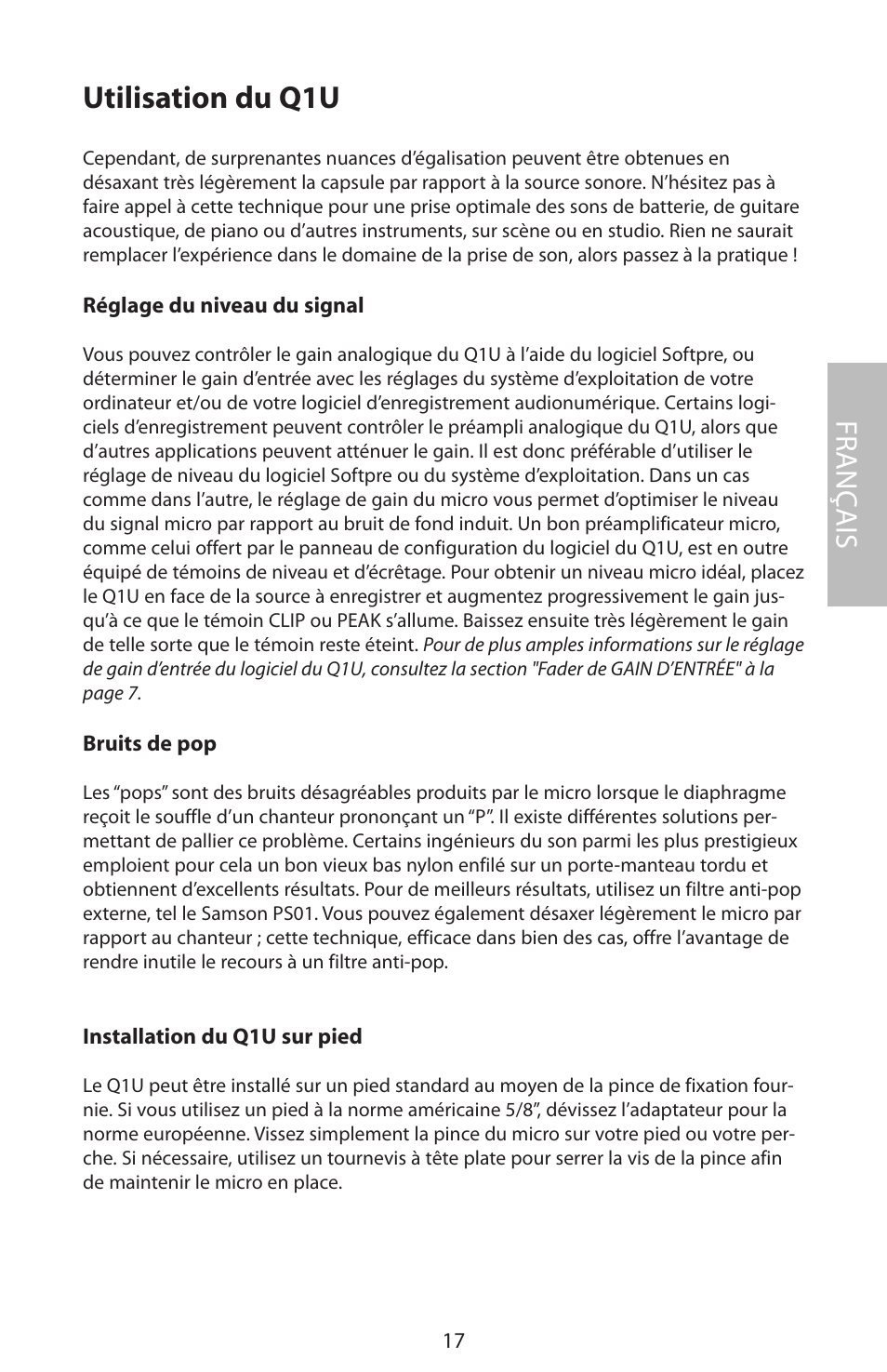 Utilisation du q1u, Fr anç ais | Samson Q1U User Manual | Page 21 / 52