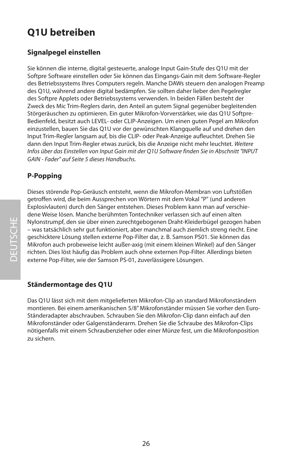 Q1u betreiben, Deut sche | Samson Q1U User Manual | Page 30 / 52