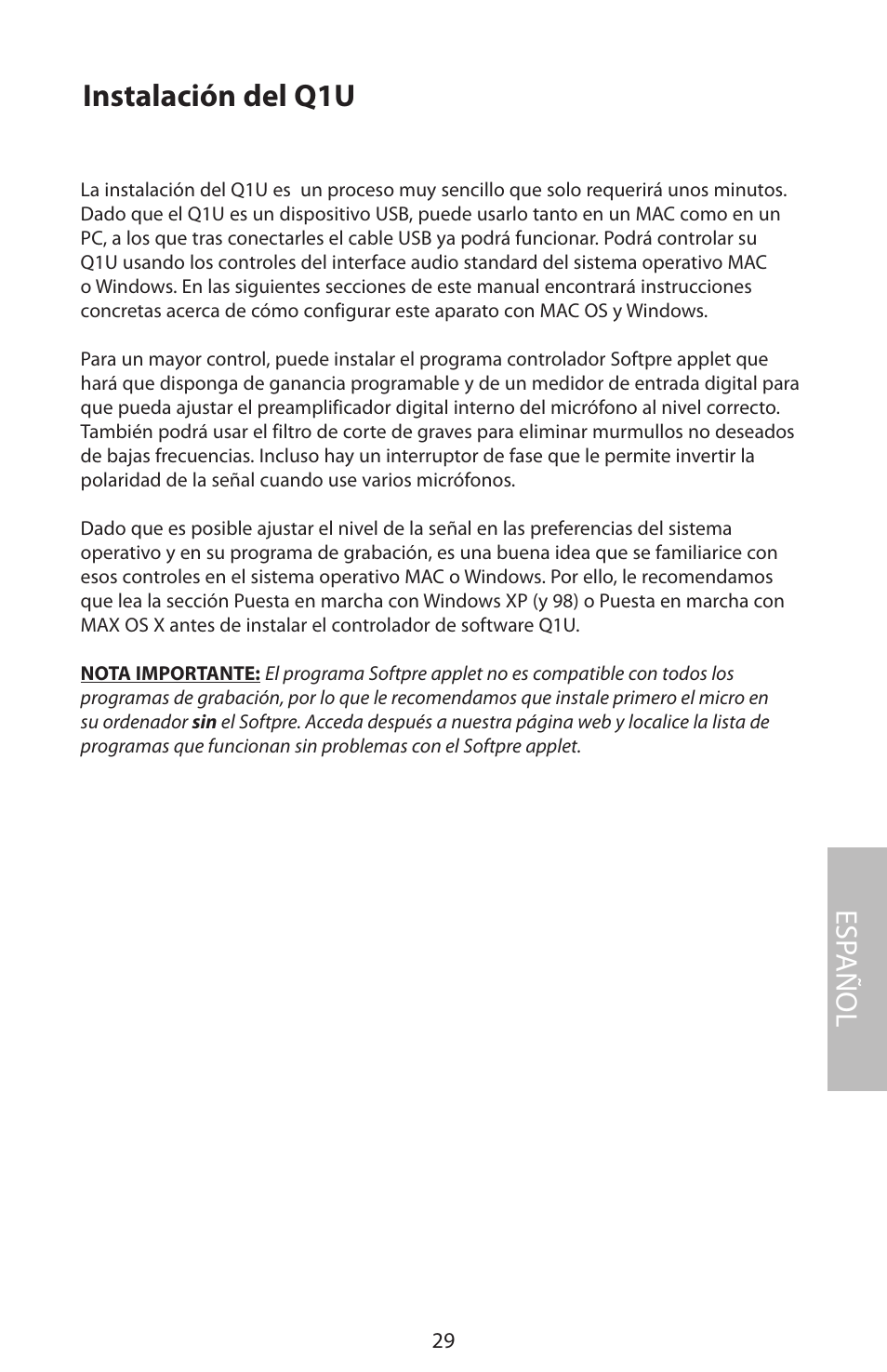 Instalación del q1u, Esp añol | Samson Q1U User Manual | Page 33 / 52
