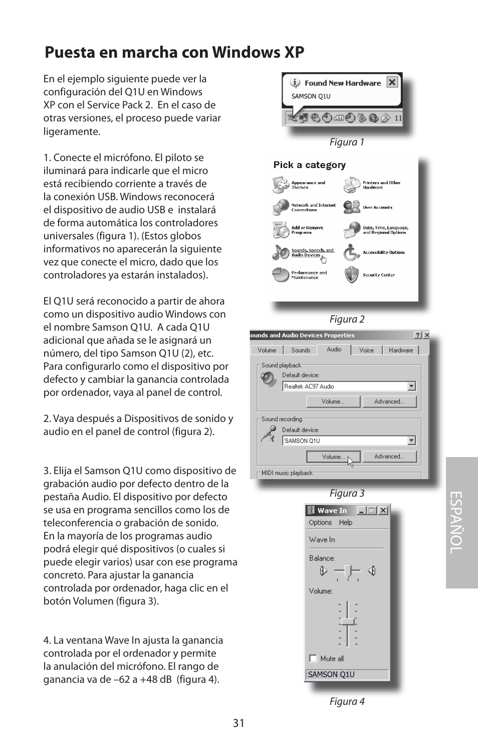 Puesta en marcha con windows xp, Esp añol | Samson Q1U User Manual | Page 35 / 52