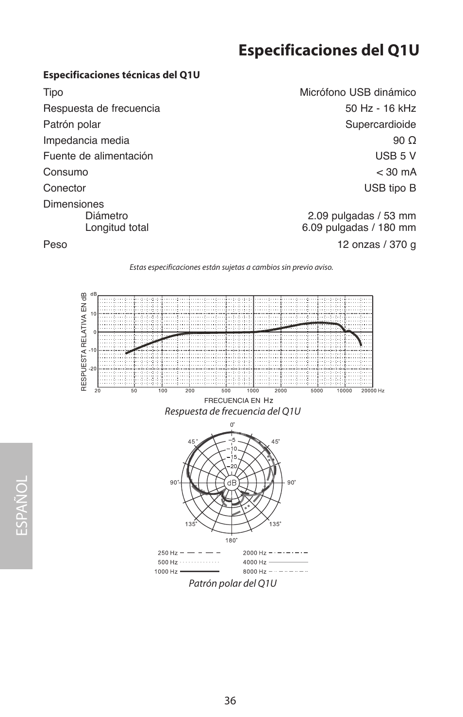 Especificaciones del q1u, Esp añol | Samson Q1U User Manual | Page 40 / 52