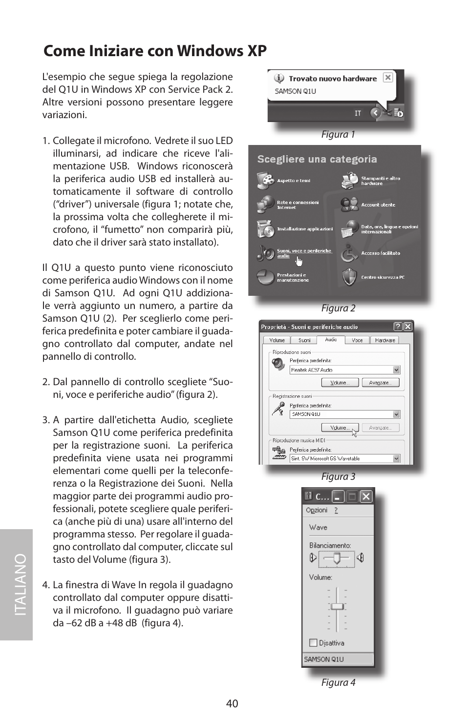 Come iniziare con windows xp, It aliano | Samson Q1U User Manual | Page 44 / 52