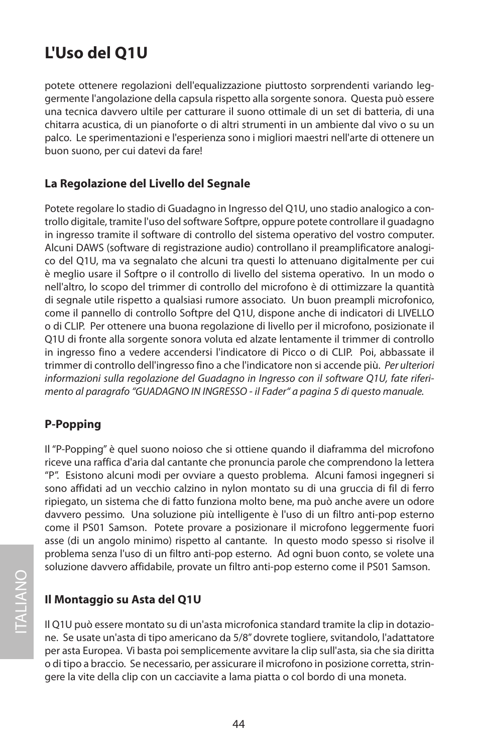 L'uso del q1u, It aliano | Samson Q1U User Manual | Page 48 / 52