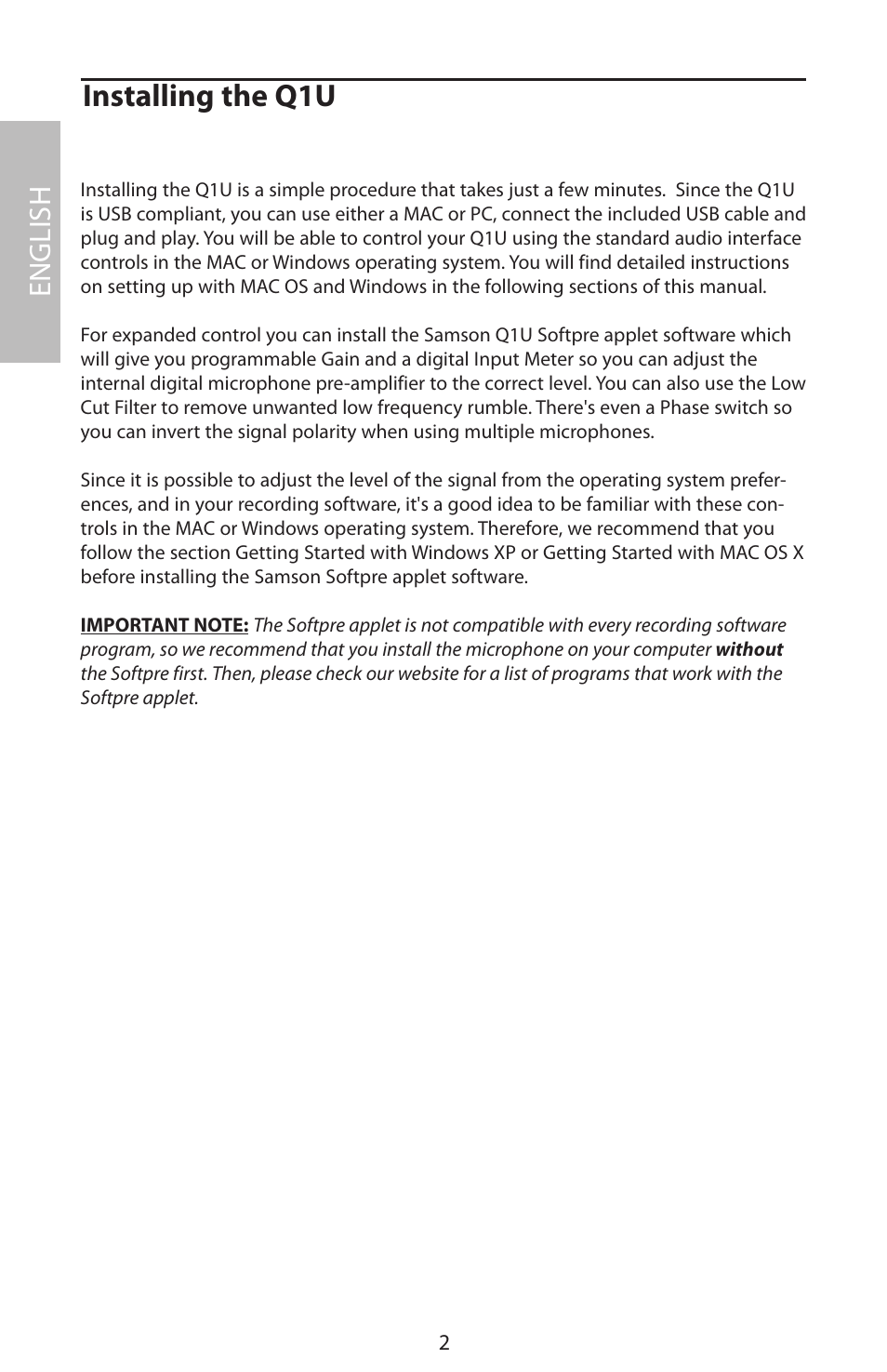 Installing the q1u, English | Samson Q1U User Manual | Page 6 / 52