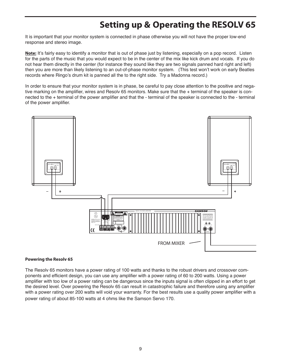 Setting up & operating the resolv 65, Risk of electric shock do not open, 100 watts | Samson 65 User Manual | Page 9 / 12