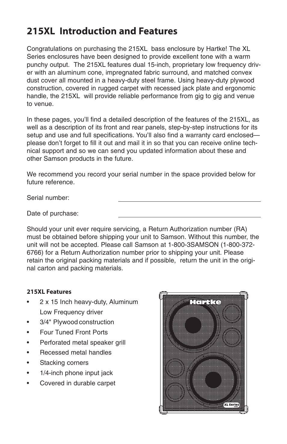 215xl introduction and features | Samson 215XL User Manual | Page 2 / 4