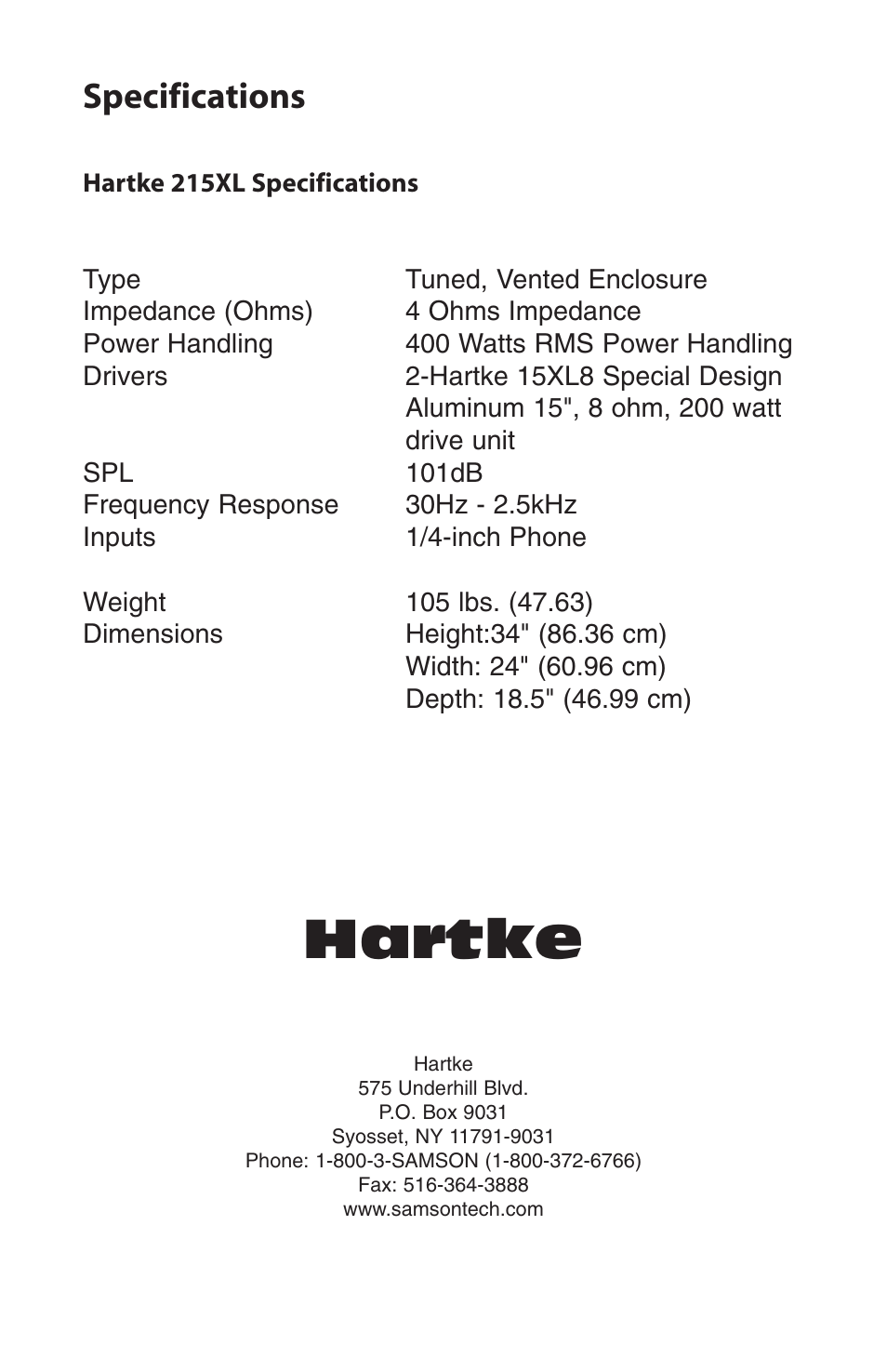 Hartke, Specifications | Samson 215XL User Manual | Page 4 / 4