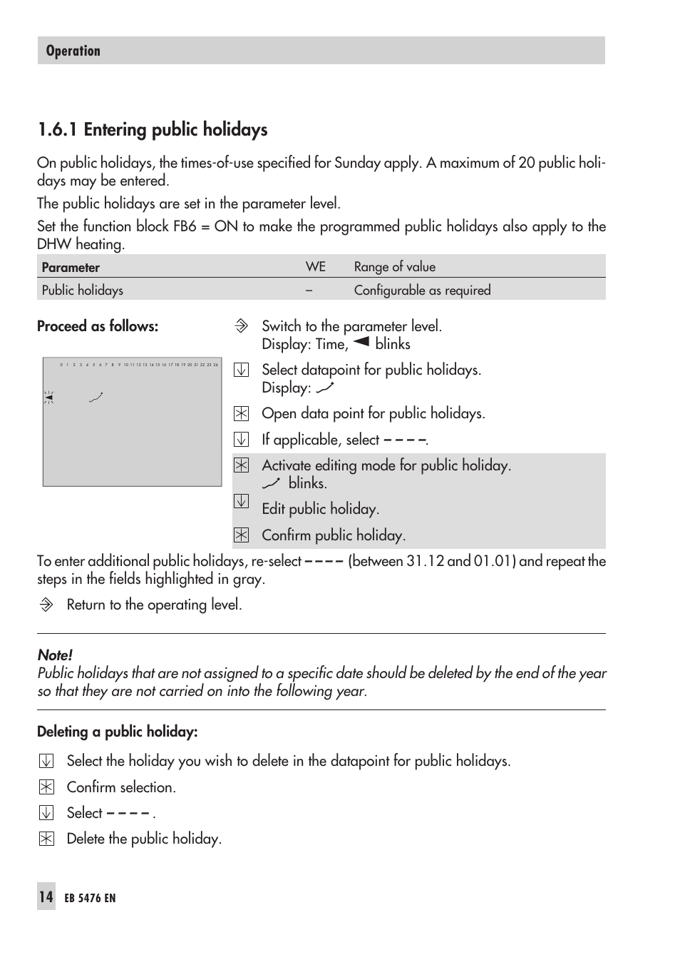 1 ente ring pub lic holi days 14, Entering public holidays, 1 entering public holidays | Samson 5476 User Manual | Page 14 / 114