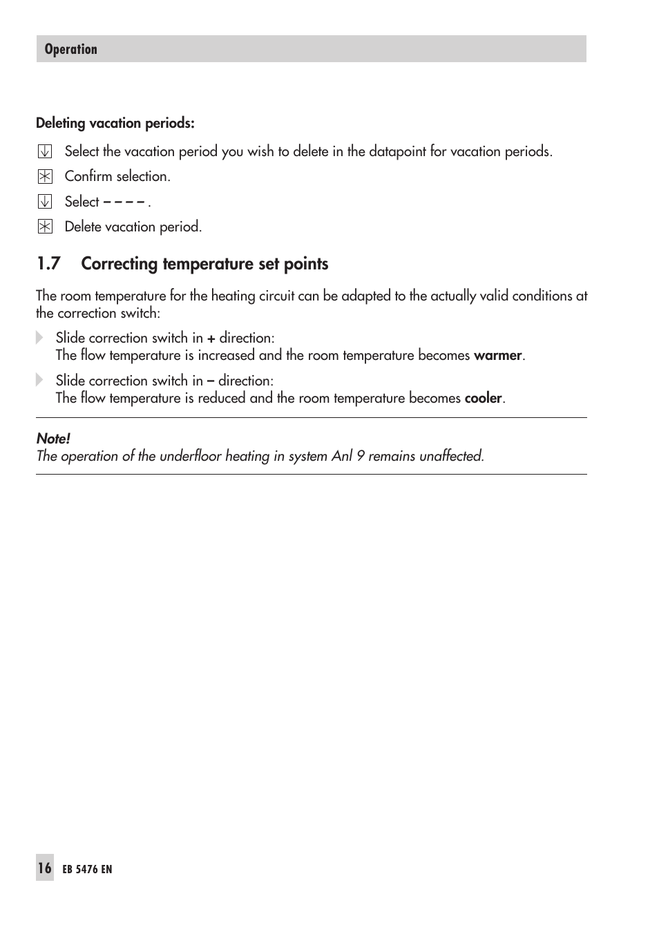 7 cor rec ting tem pe ra ture set points 16, Tem pe ra tu re set point 16, Correcting temperature set points | Samson 5476 User Manual | Page 16 / 114