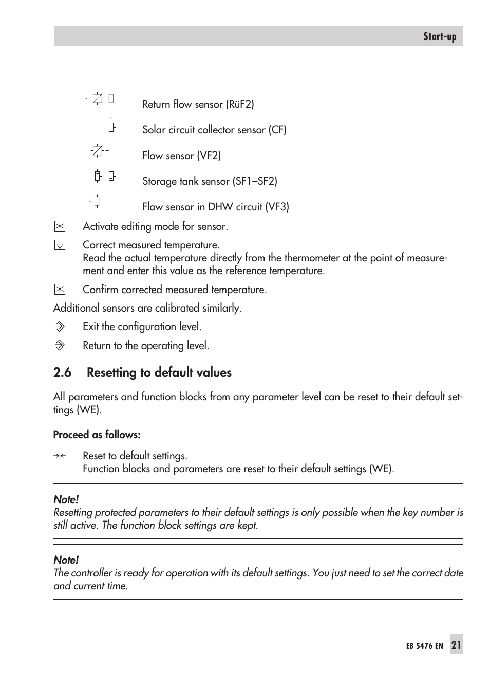 6 reset ting to default values 21, De fault va lu es 21, Resetting to default values | 6 resetting to default values | Samson 5476 User Manual | Page 21 / 114