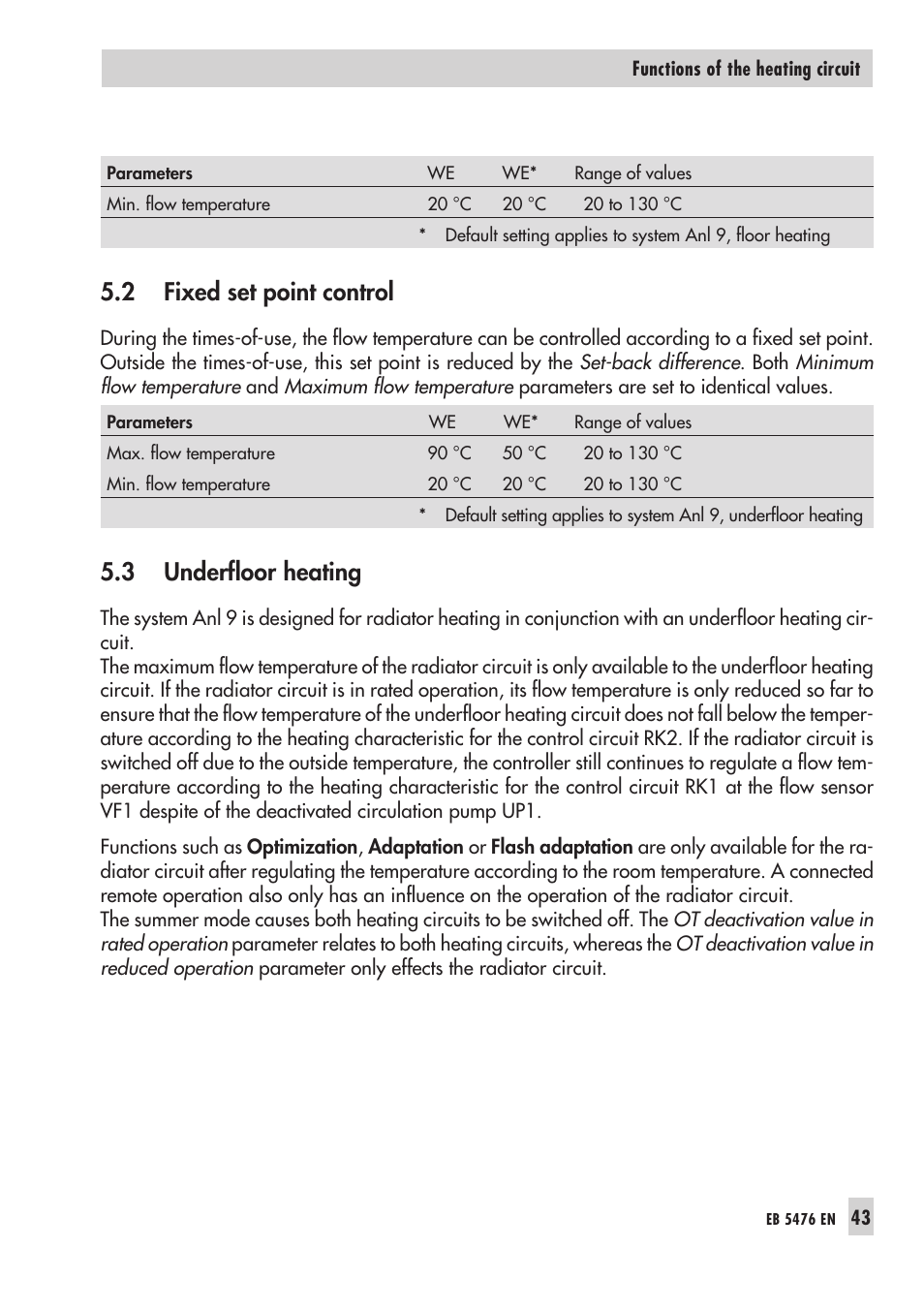 2 fixed set point con trol 43, 3 under floor hea ting 43, Fi xed set point con trol 43 | Un der floor hea ting 43, Fixed set point control, Underfloor heating, 2 fixed set point control, 3 underfloor heating | Samson 5476 User Manual | Page 43 / 114