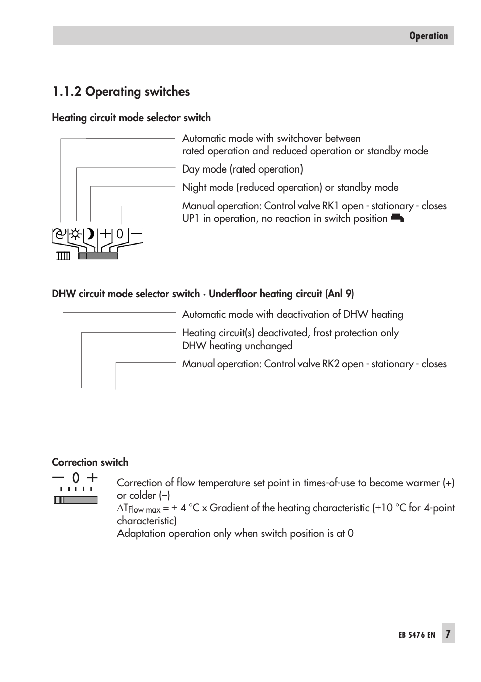 2 ope ra ting swit ches 7, Cor rec ti on switch 7, Dhw cir cuit 7 | Hea ting cir cuit 7, Ra ted ope ra ti on 7 - 8, Operating switches, 2 operating switches | Samson 5476 User Manual | Page 7 / 114