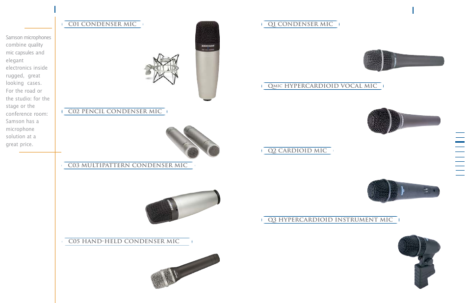 Q1 condenser mic q2 cardioid mic q, Hypercardioid vocal mic, Q3 hypercardioid instrument mic | C03 multipattern condenser mic, C05 hand-held condenser mic | Samson Power Amplifiers User Manual | Page 12 / 18