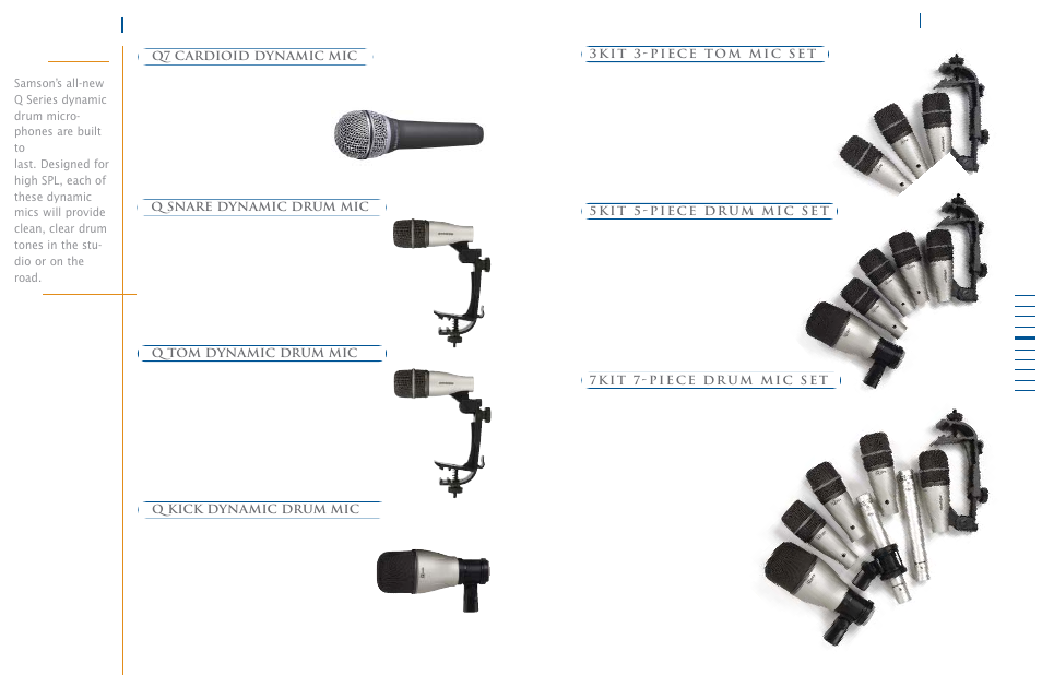 Q7 cardioid dynamic mic, Q snare dynamic drum mic, Q tom dynamic drum mic | Q kick dynamic drum mic | Samson Power Amplifiers User Manual | Page 13 / 18