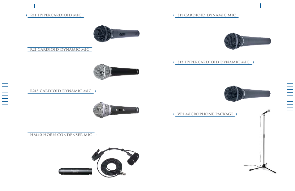 R11 hypercardioid mic, R21 cardioid dynamic mic r21s cardioid dynamic mic, S12 hypercardioid dynamic mic | S11 cardioid dynamic mic, Vp1 microphone package hm40 horn condenser mic | Samson Power Amplifiers User Manual | Page 14 / 18