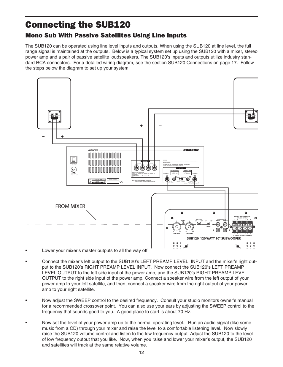 Mono sub with passive satellites using line inputs, Connecting the sub120 | Samson Sub120 User Manual | Page 13 / 18