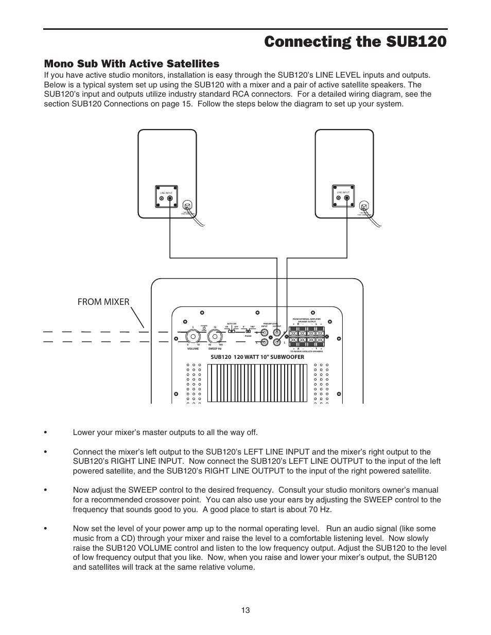 Mono sub with active satellites, Connecting the sub120 | Samson Sub120 User Manual | Page 14 / 18