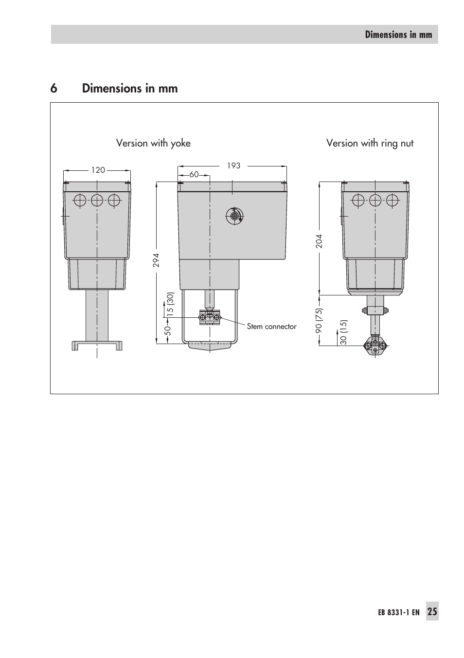 6 dimensions in mm 25, 6dimensions in mm | Samson Electri Actuator Type 3374 EB 8331-1 EN User Manual | Page 25 / 28