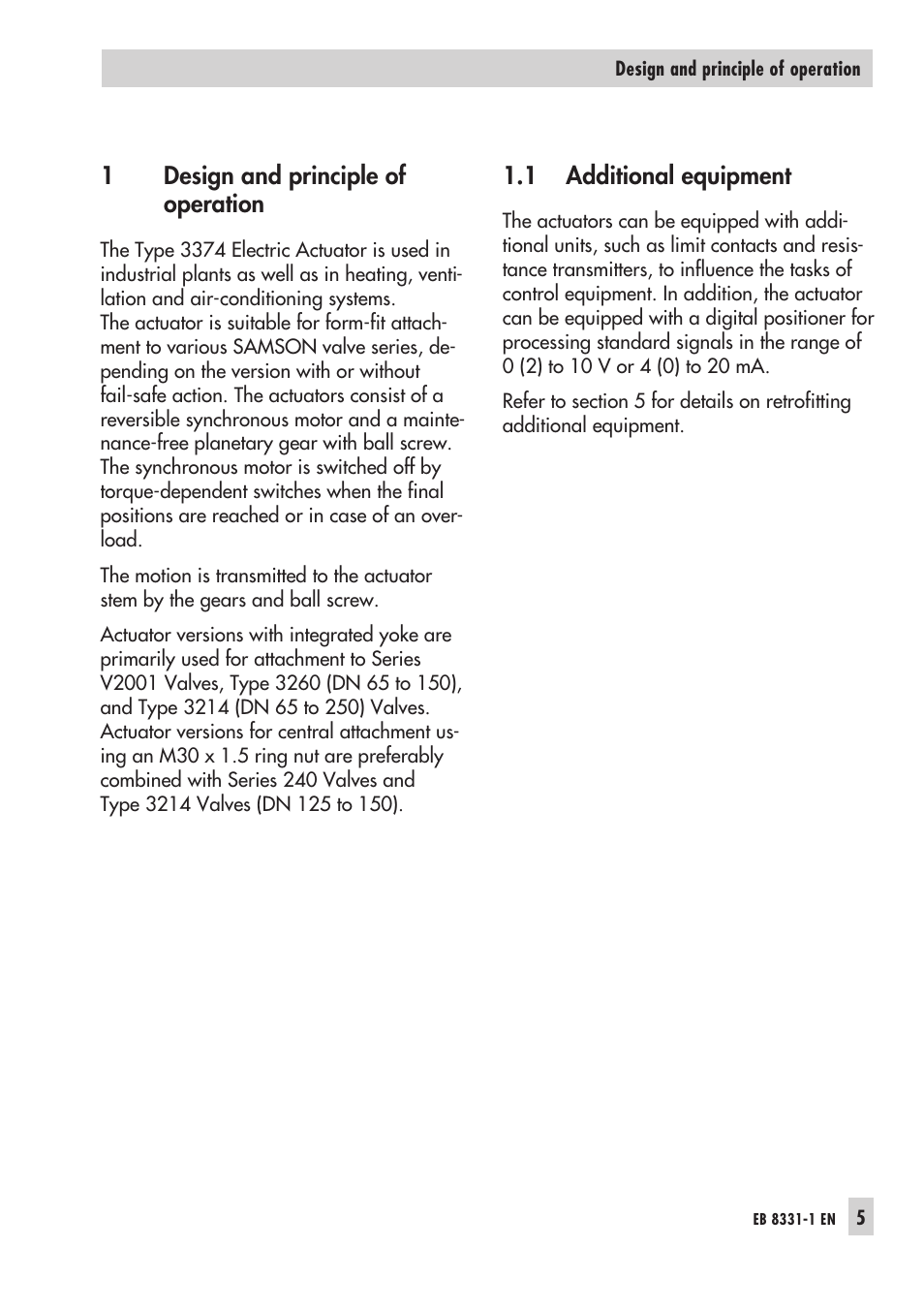 1 design and principle of operation 5, 1 additional equipment 5, 1design and principle of operation | 1 additional equipment | Samson Electri Actuator Type 3374 EB 8331-1 EN User Manual | Page 5 / 28