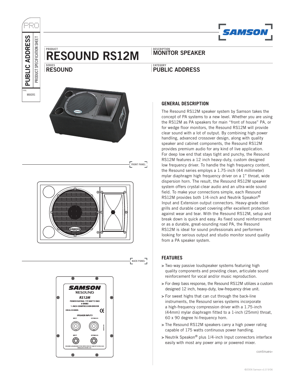 Samson RESOUND RS12M User Manual | 2 pages