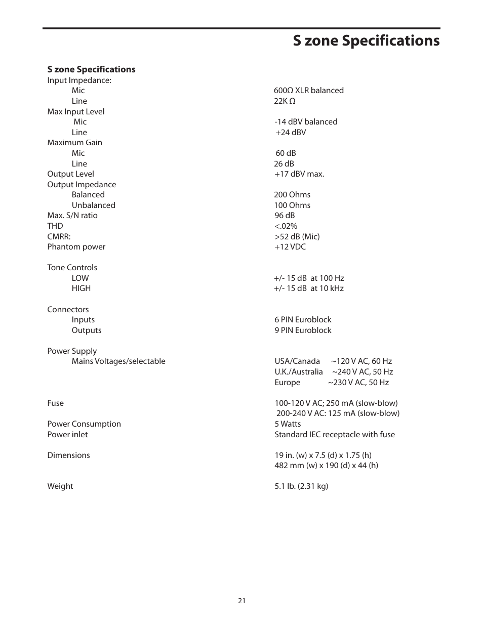 S zone specifications | Samson S zone User Manual | Page 23 / 28