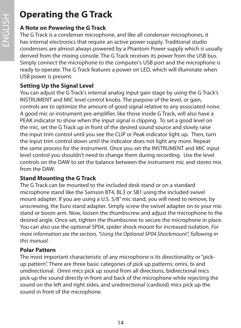 Operating the g track, English | Samson G Track User Manual | Page 16 / 88