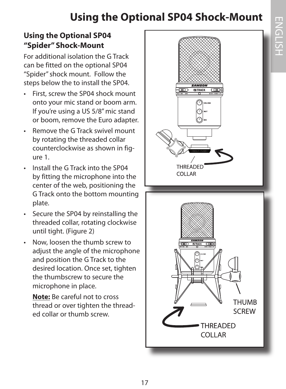 Using the optional sp04 shock-mount, English | Samson G Track User Manual | Page 19 / 88