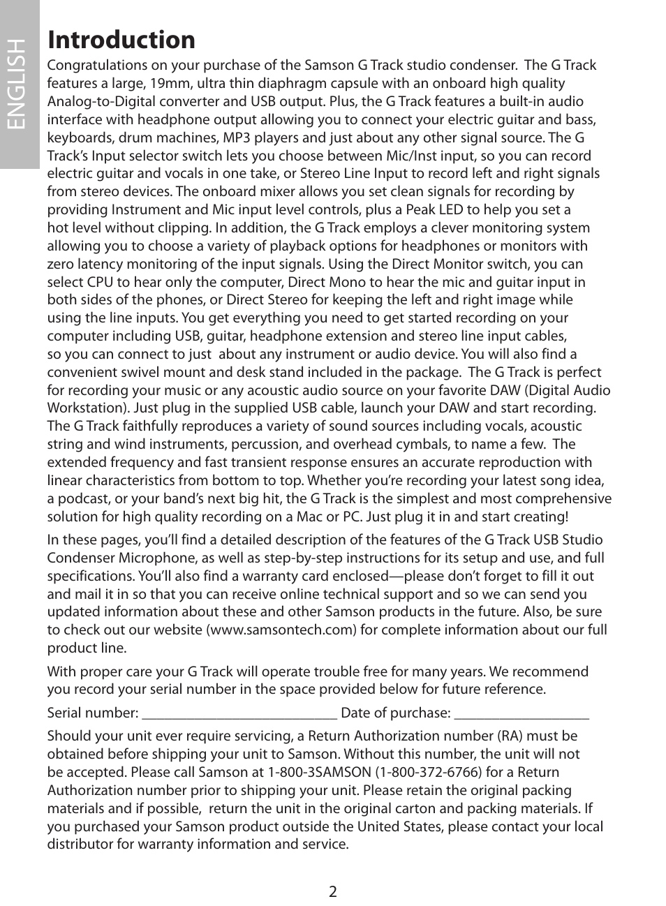 Introduction, English | Samson G Track User Manual | Page 4 / 88