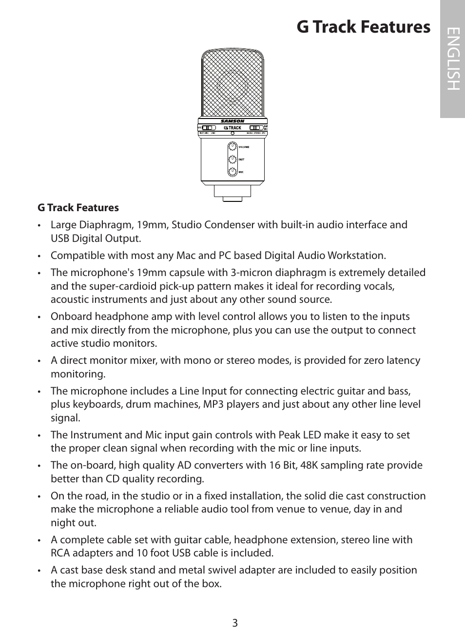 G track features, English | Samson G Track User Manual | Page 5 / 88