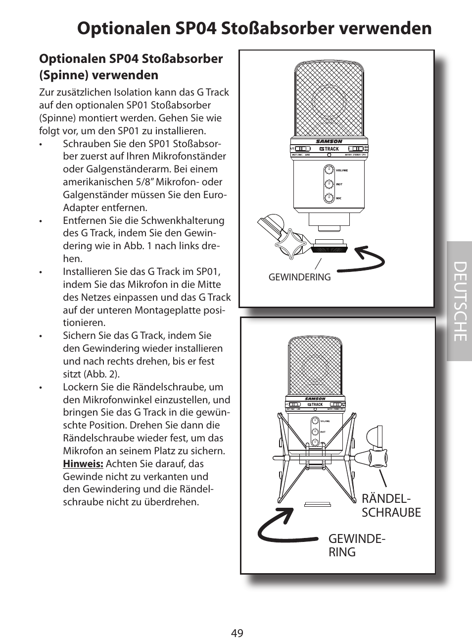 Optionalen sp04 stoßabsorber verwenden, Deut sche, Rändel- schraube gewinde- ring | Optionalen sp04 stoßabsorber (spinne) verwenden | Samson G Track User Manual | Page 51 / 88