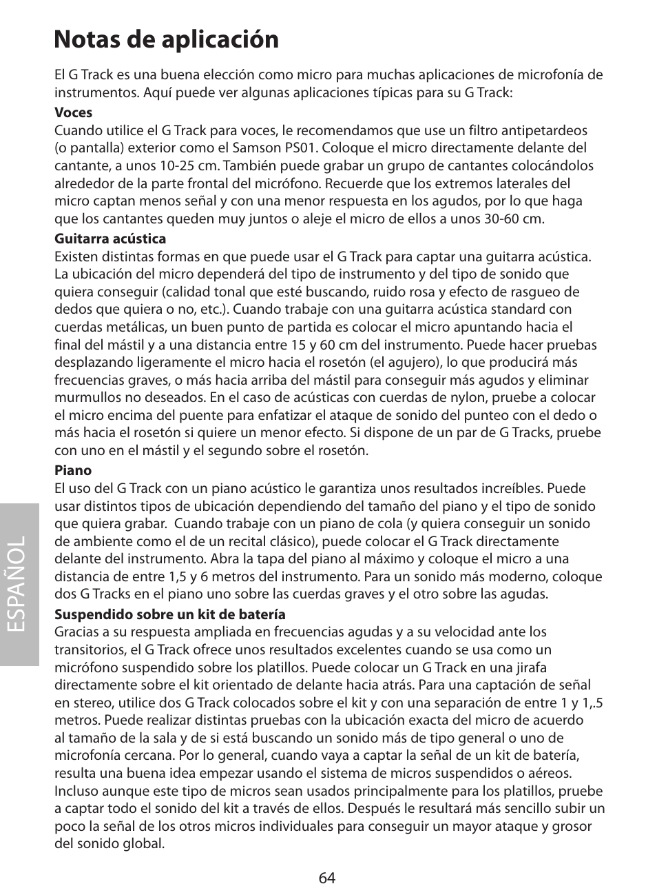 Notas de aplicación, Esp añol | Samson G Track User Manual | Page 66 / 88