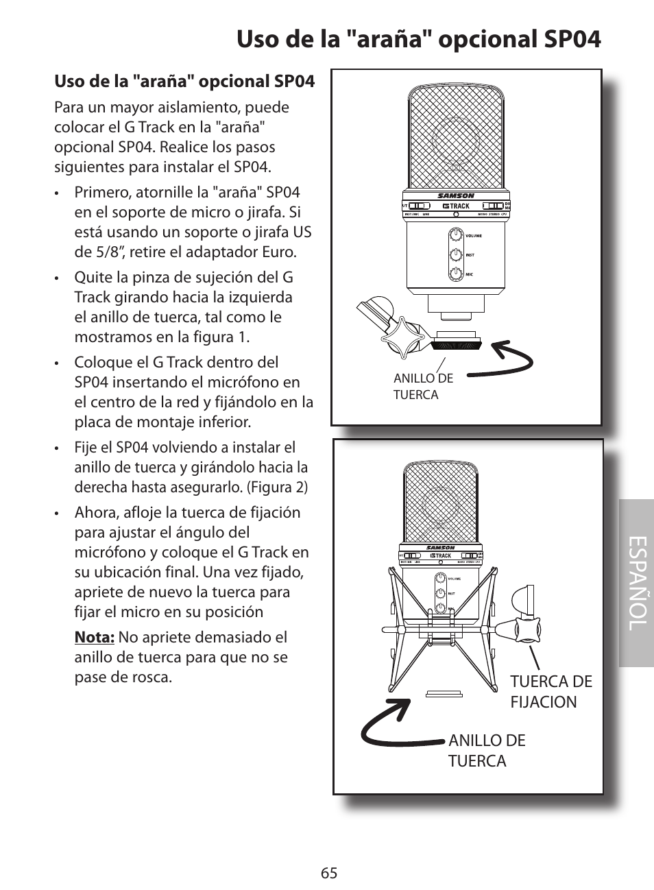 Uso de la "araña" opcional sp04, Esp añol | Samson G Track User Manual | Page 67 / 88