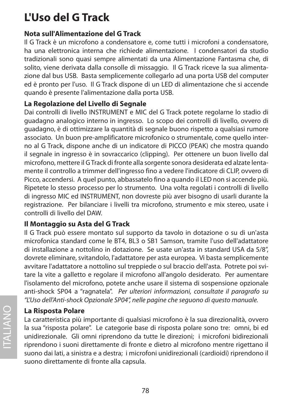 L'uso del g track, It aliano | Samson G Track User Manual | Page 80 / 88