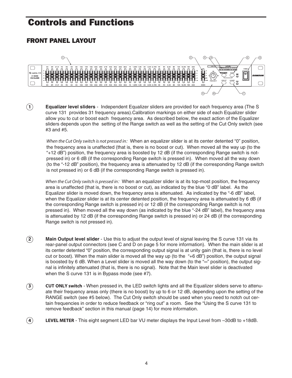 Controls and functions, Front panel layout | Samson 131 User Manual | Page 6 / 20