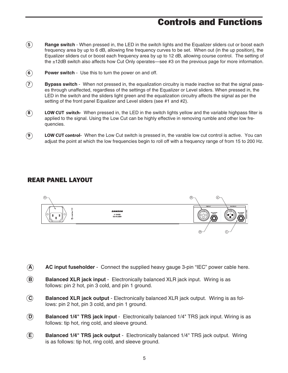 Controls and functions, Rear panel layout | Samson 131 User Manual | Page 7 / 20