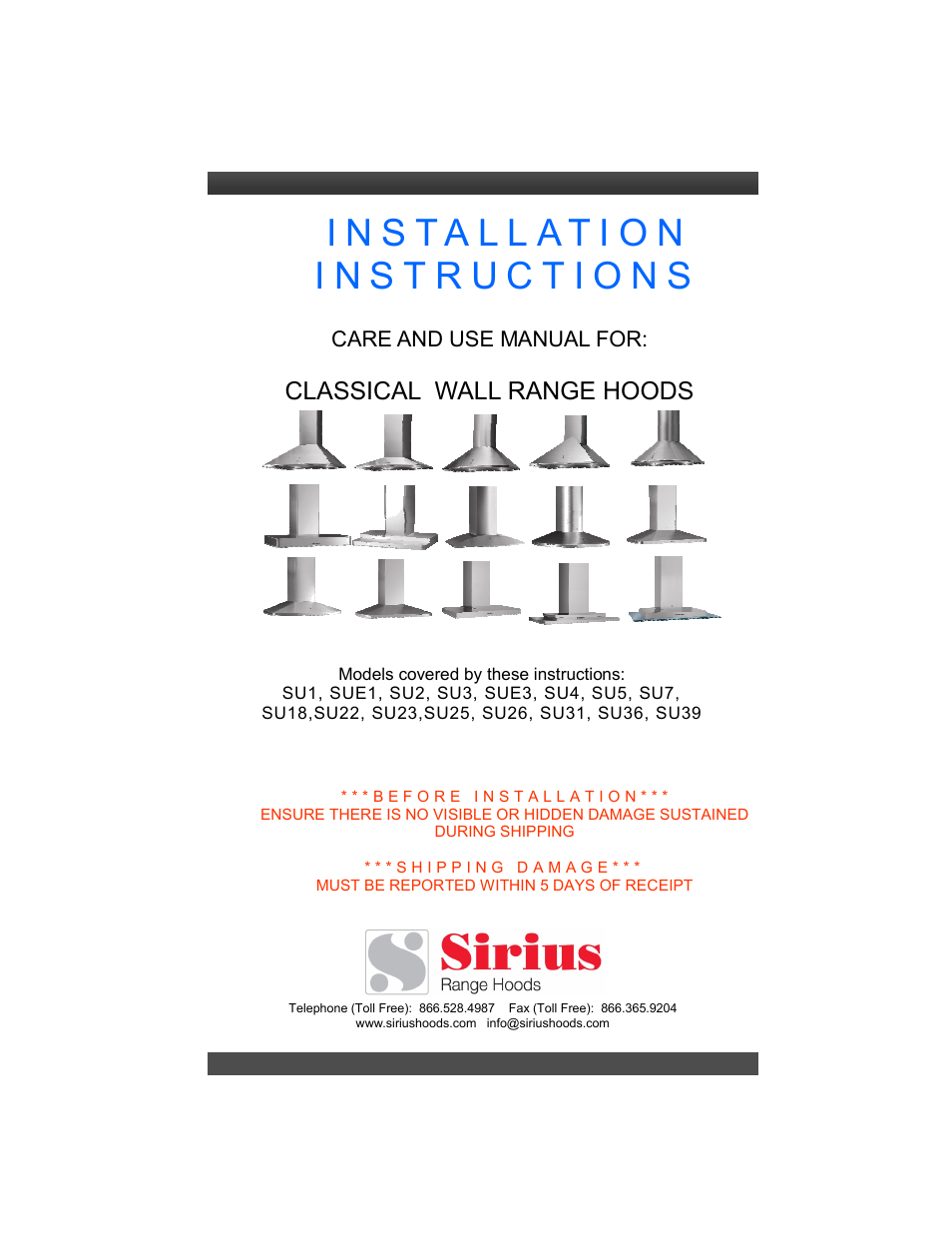 Sirius Range Hoods SU1 User Manual | 12 pages