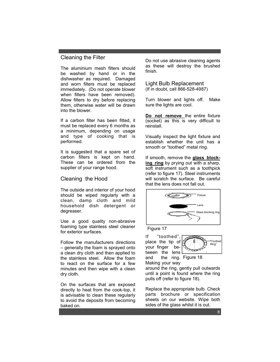 Cleaning the filter, Cleaning the hood, Light bulb replacement | Sirius Range Hoods SU1 User Manual | Page 11 / 12