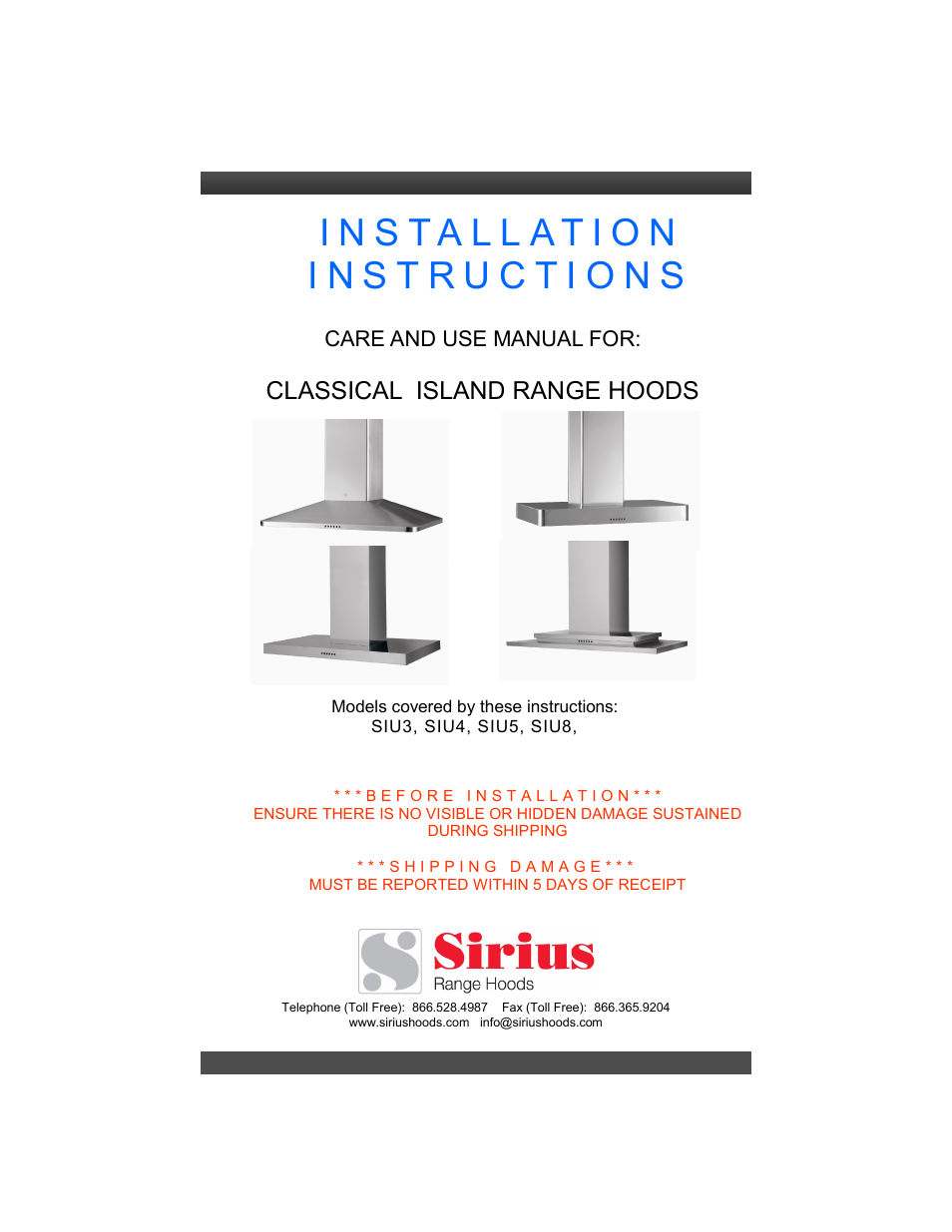 Sirius Range Hoods SIU4 User Manual | 12 pages