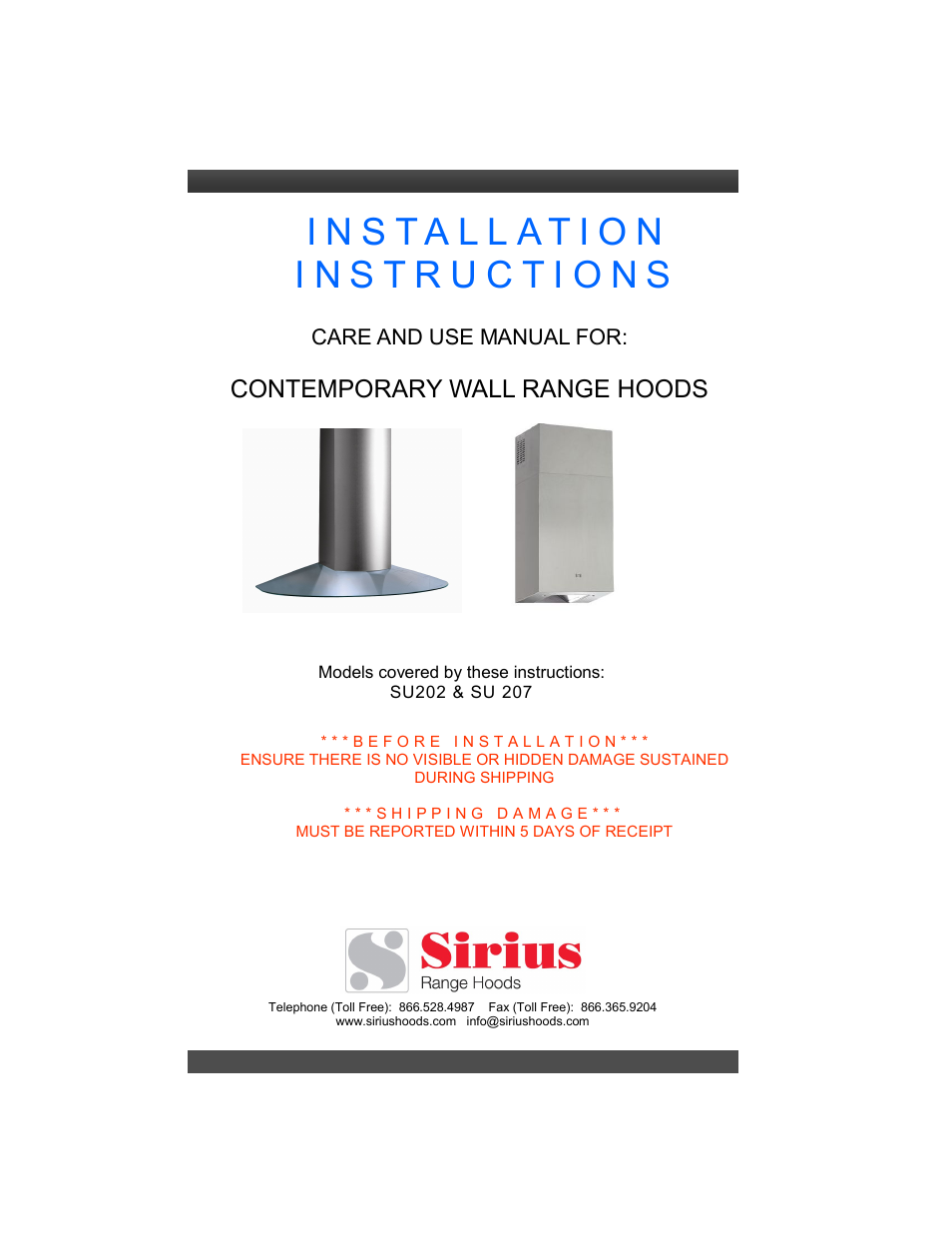 Sirius Range Hoods SU202 User Manual | 12 pages
