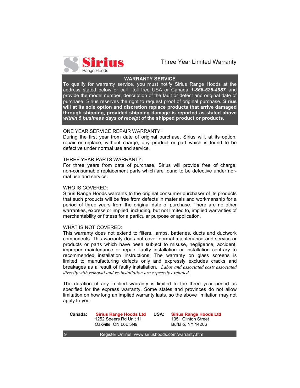 Sirius Range Hoods SU202 User Manual | Page 12 / 12