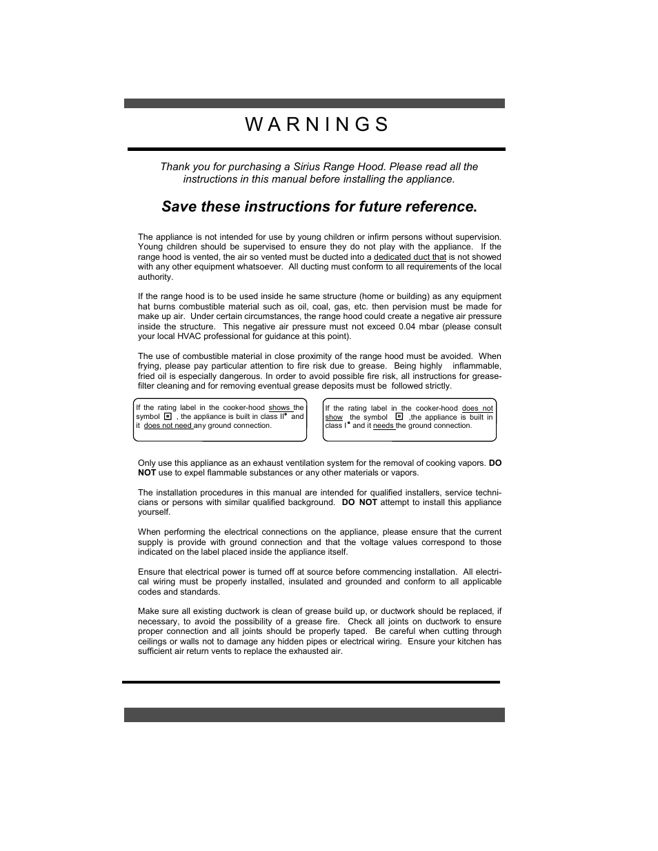 Save these instructions for future reference | Sirius Range Hoods SU202 User Manual | Page 2 / 12