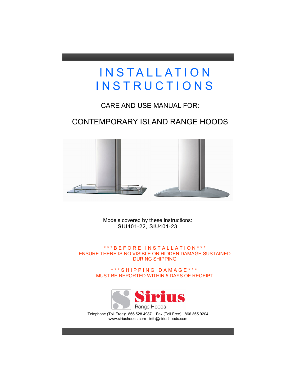Sirius Range Hoods SIU401-23 User Manual | 12 pages