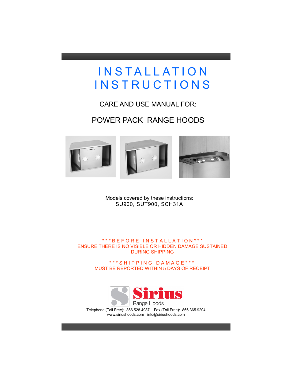 Sirius Range Hoods SUT900 User Manual | 12 pages