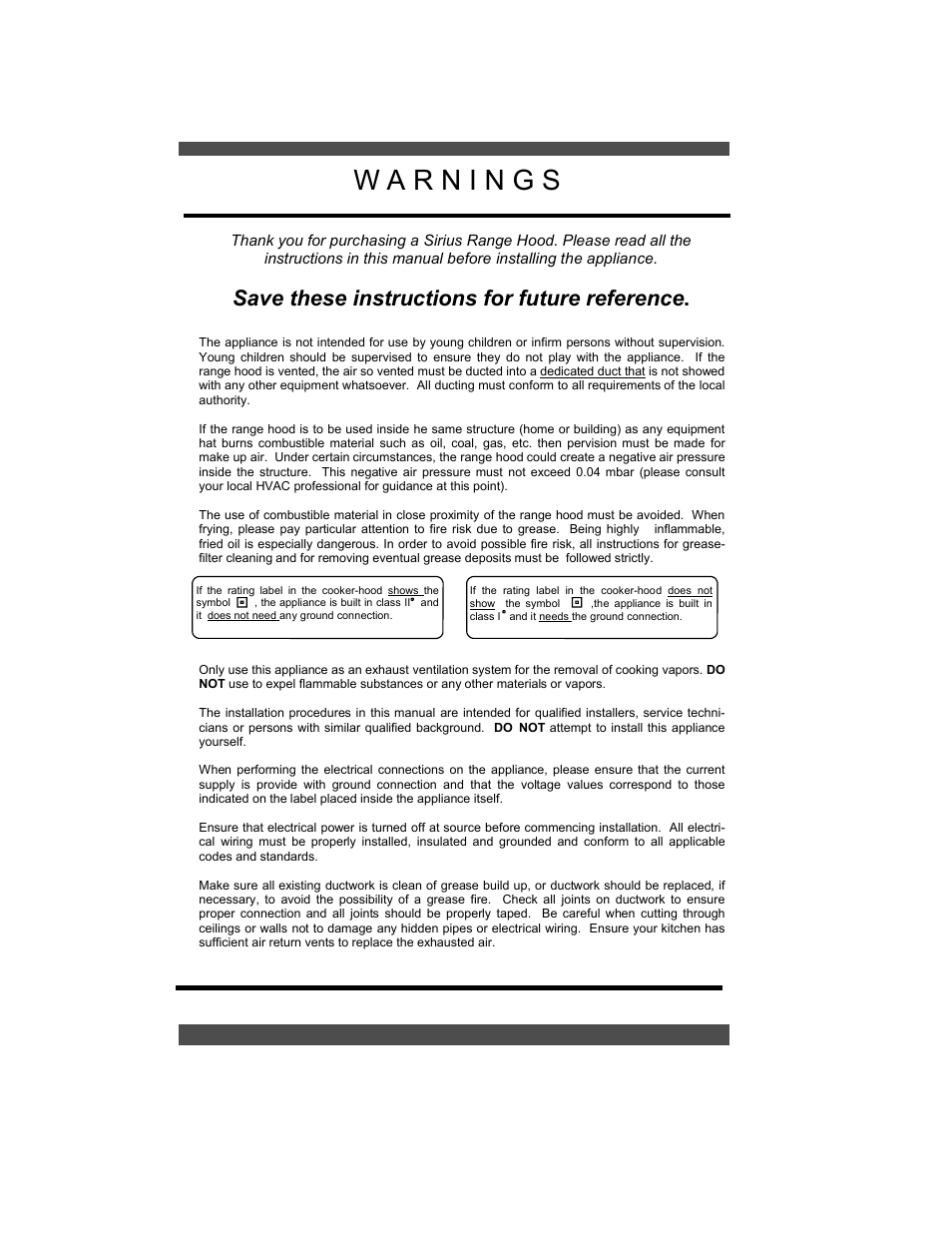 Save these instructions for future reference | Sirius Range Hoods SUT900 User Manual | Page 2 / 12